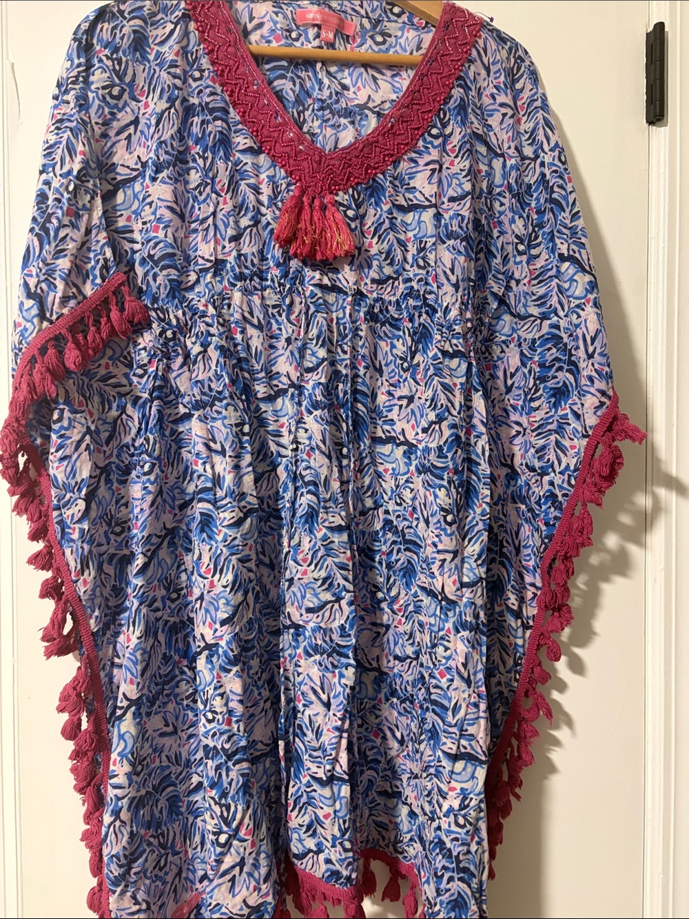 Simply Southern Blue & Fuchsia Beaded V-Neck Tunic
